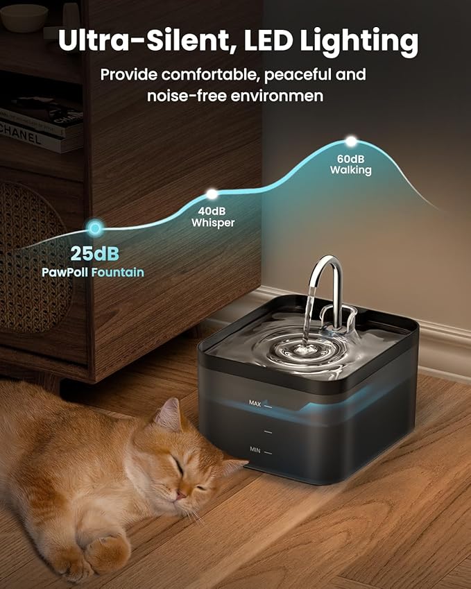 Fontaine a Eau 2,2L, Super Silencieuse, Filtre à Carbone Activé, Facile à Mettoyer, Distributeur Eau Chat avec LED, sans BPA, Convient à Plusieurs Animaux de Compagnie